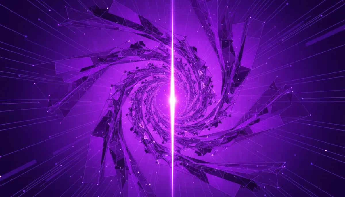 Abstract deep purple and electric violet data streams converging into focused light