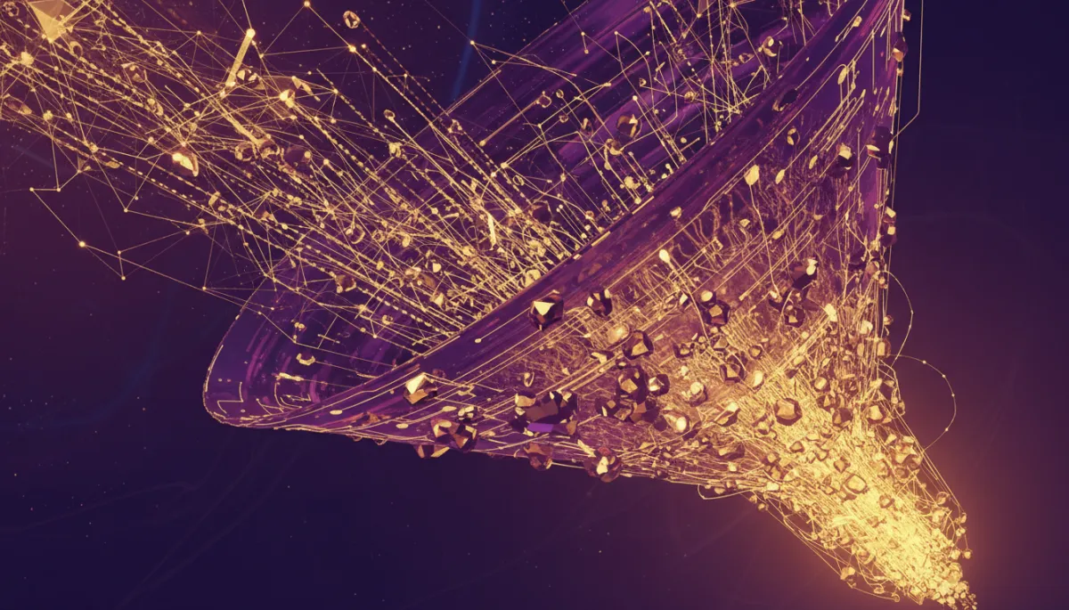 Abstract purple and gold network funnel symbolizing automated lead capture for Florida businesses