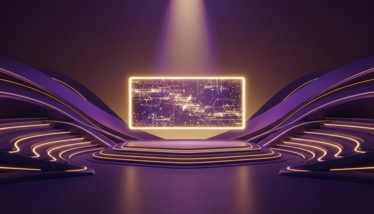 Abstract purple and gold stage with glowing screen suggesting an automated webinar