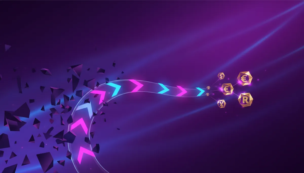 Abstract deep purple and electric violet pathway showing content being converted into structured revenue