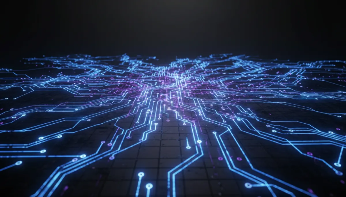 Abstract AI neural network with electric blue and violet circuits on dark background