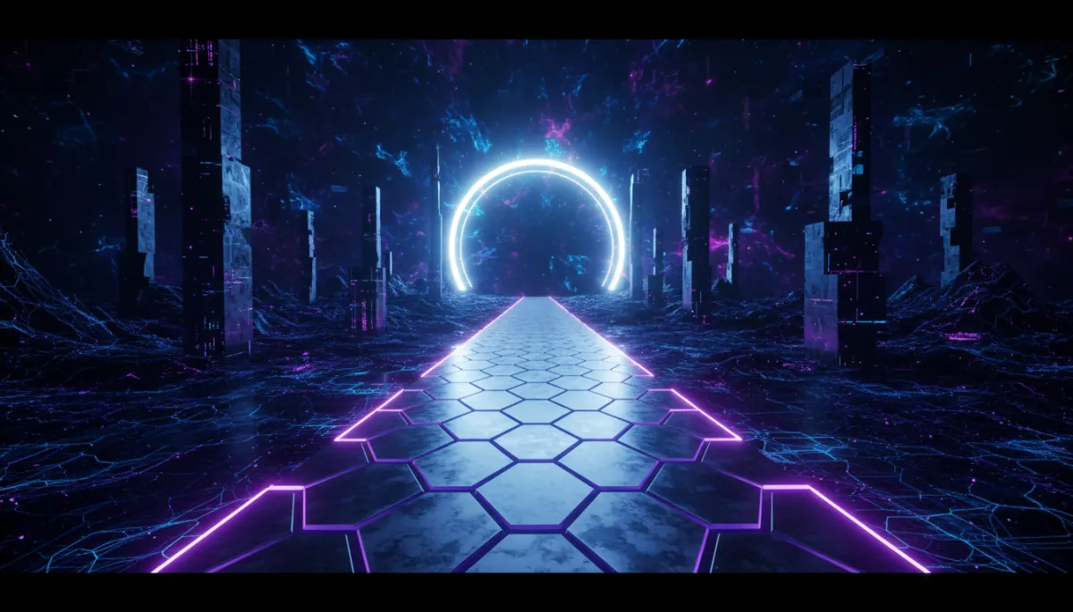 cinematic, high contrast, dramatic futuristic pathway of glowing light leading through a dark digital landscape toward a radiant portal, subtle purple glows along the edges, no human figures, consistent bold scroll-stopping style