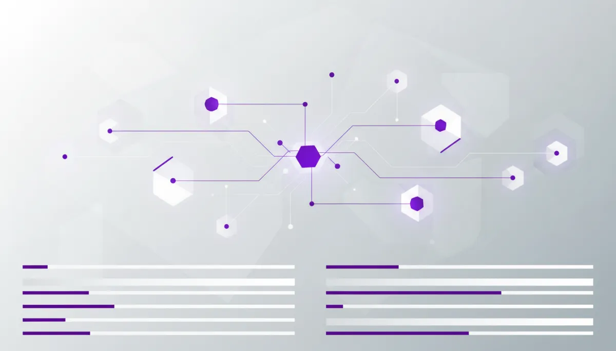 Minimalist tech dashboard with abstract charts and data nodes in deep purple
