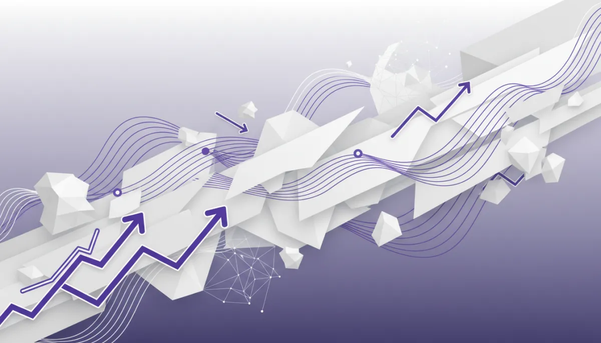 Abstract geometric tech illustration with flowing data lines and growth arrows in deep purple