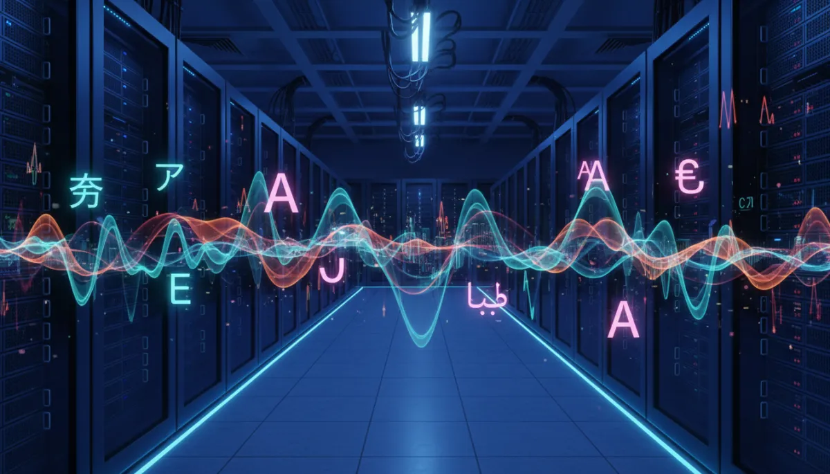 Photorealistic server room with multilingual AI voice processing visualization