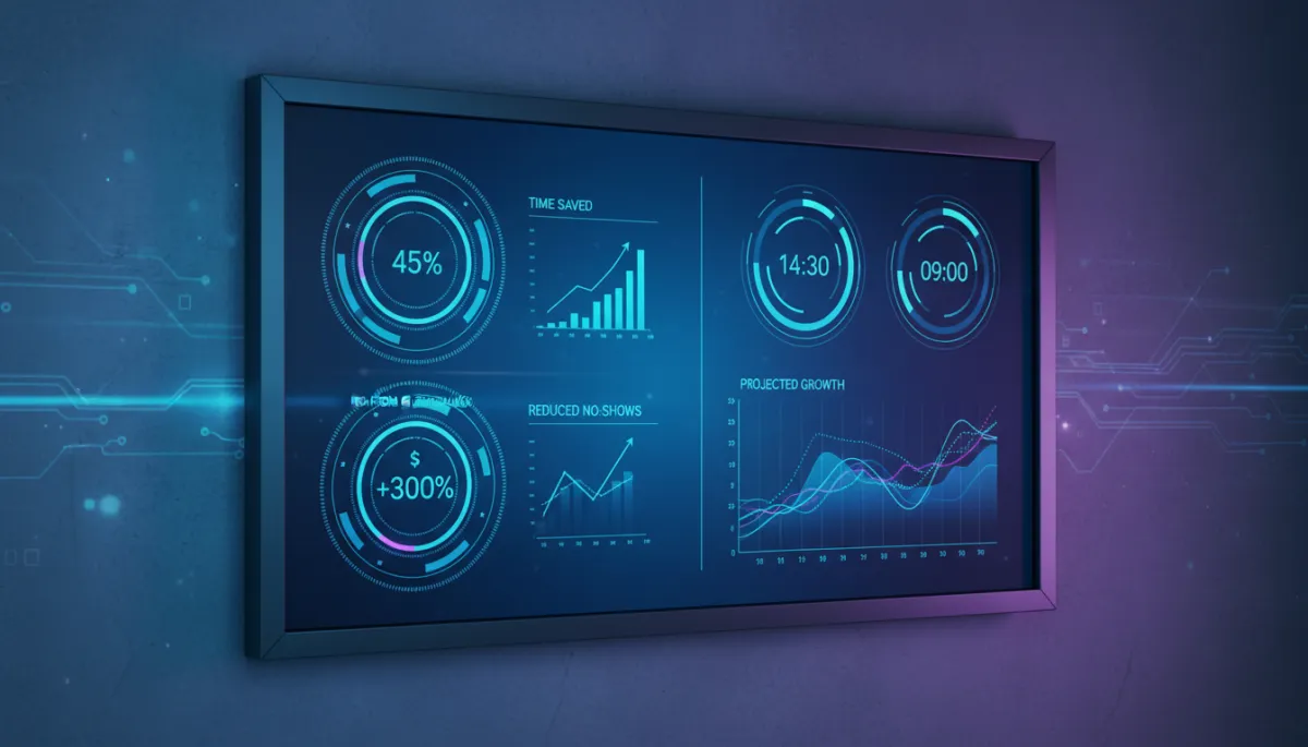 photorealistic wall-mounted digital dashboard displaying charts of time saved, reduced no-shows, and ROI from AI scheduling tools, with futuristic clocks and glowing graphs in a cool blue palette, no humans visible