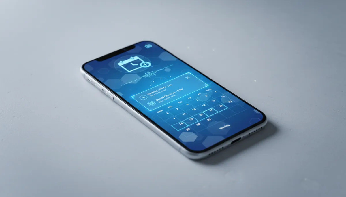 photorealistic close-up of a smartphone on a minimalist desk displaying an AI-powered appointment reminder notification and calendar sync interface in cool blue tech tones, no humans visible