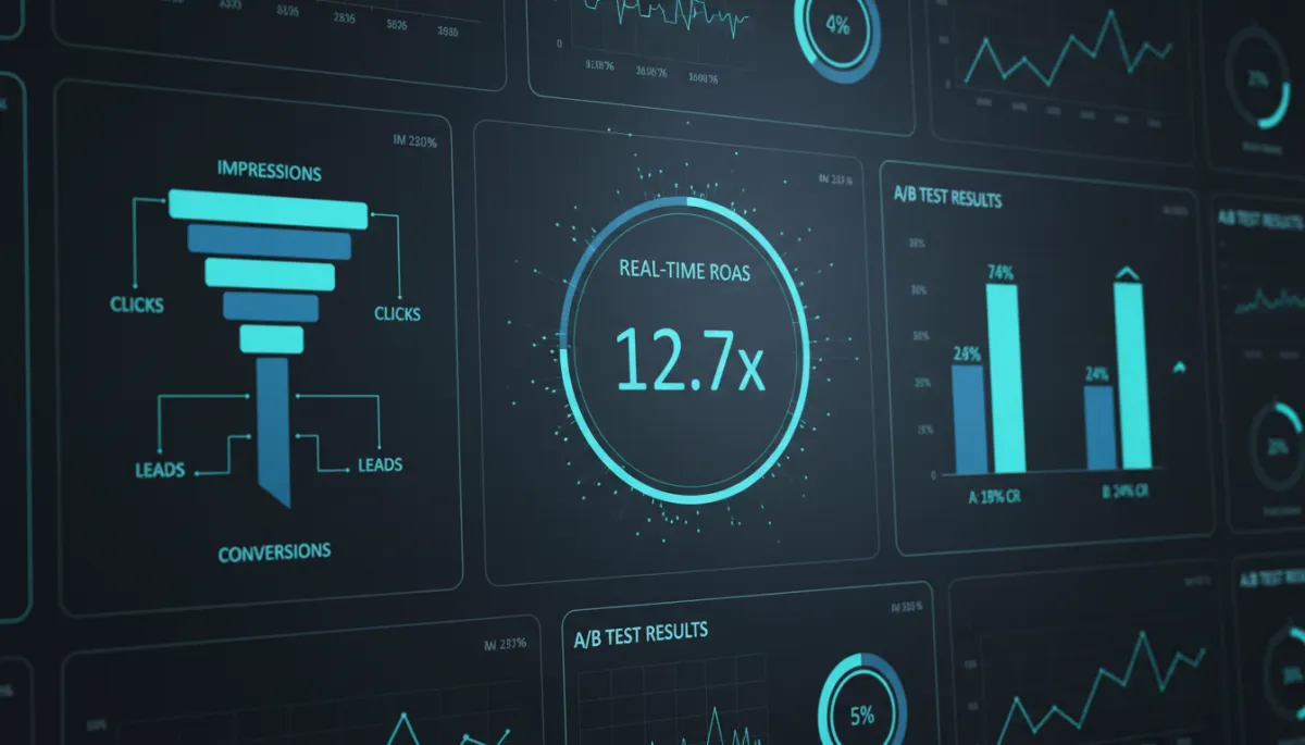 Photorealistic AI advertising analytics dashboard showing ROAS and conversions