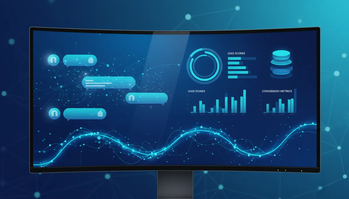 Photorealistic dashboard showing AI chatbot conversations and lead qualification metrics
