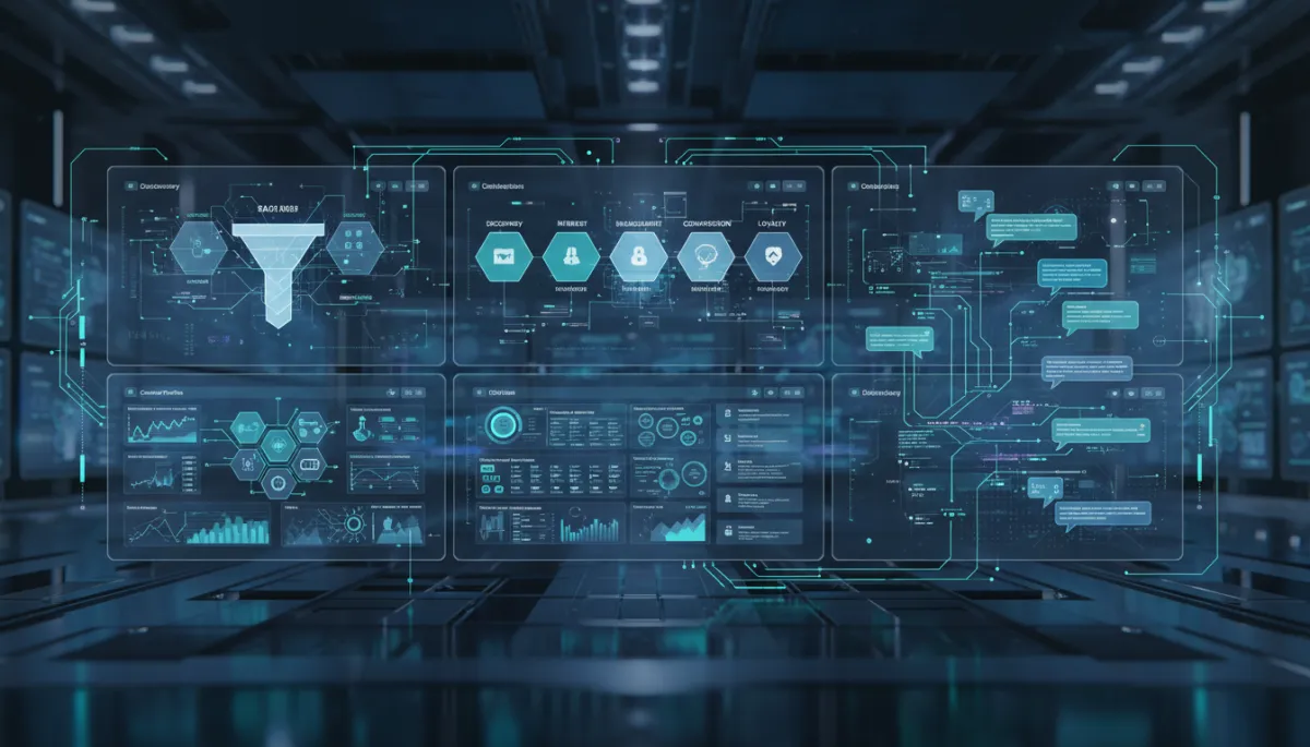 Photorealistic interconnected CRM, sales funnel, and chatbot dashboards with glowing links