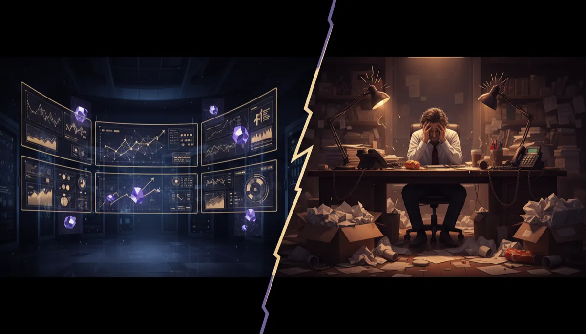 Split-screen of AI data environment versus chaotic manual office