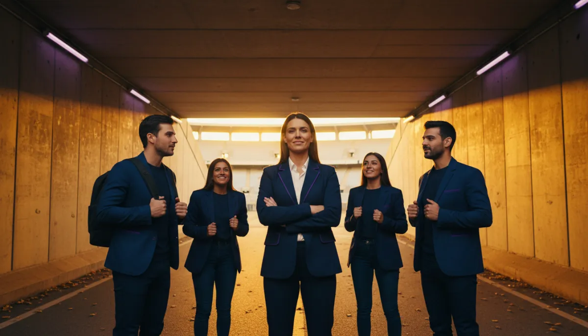 Mentor guiding entrepreneurs in a stadium tunnel, symbolizing AI guidance and support