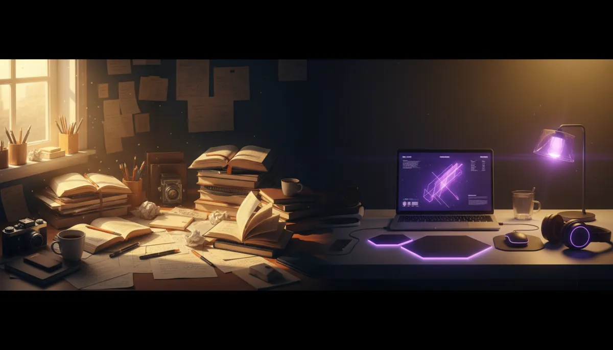 Before and after comparison of a cluttered desk and an organized AI-powered workspace