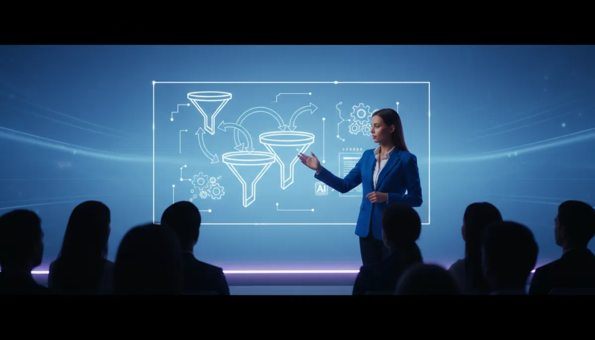cinematic modern sleek professional shot of a confident marketer presenting at a glass whiteboard with funnel diagrams and AI icons, subtle purple accent lighting, audience silhouettes listening attentively