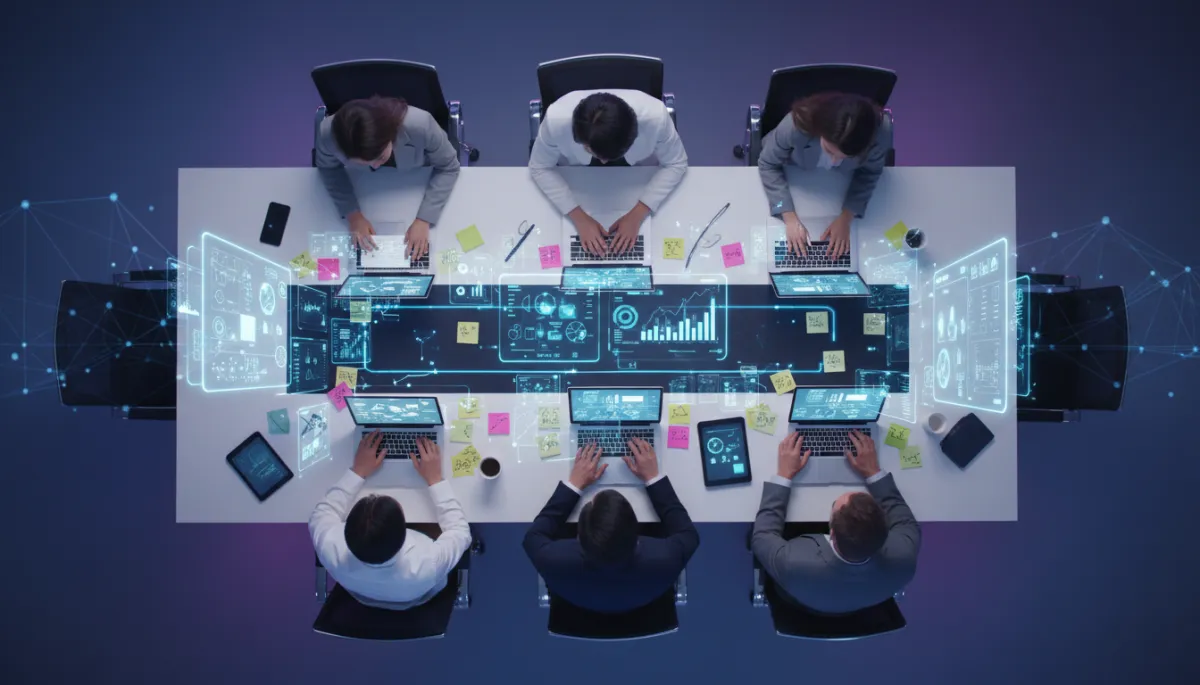 cinematic modern sleek professional overhead view of a creative marketing team brainstorming around a table with laptops, sticky notes, and tablets, subtle purple accent lighting and tech devices blending creativity with AI tools