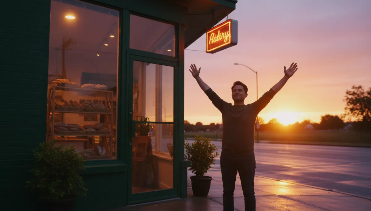 Business owner celebrating a moment of success outside their shop