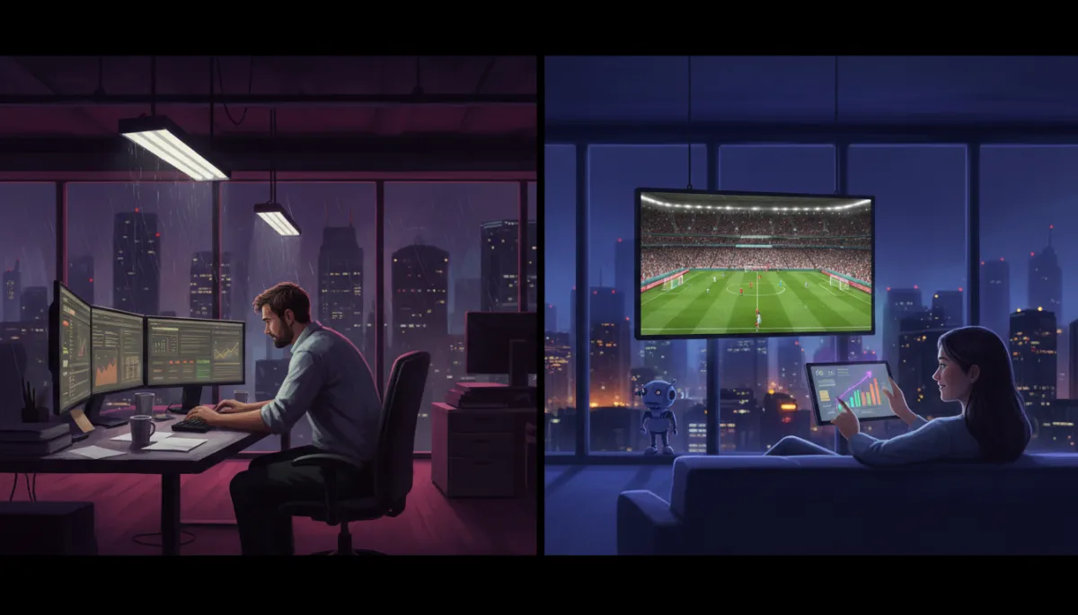 Comparison of overworked business owner and AI-powered entrepreneur profiting during World Cup
