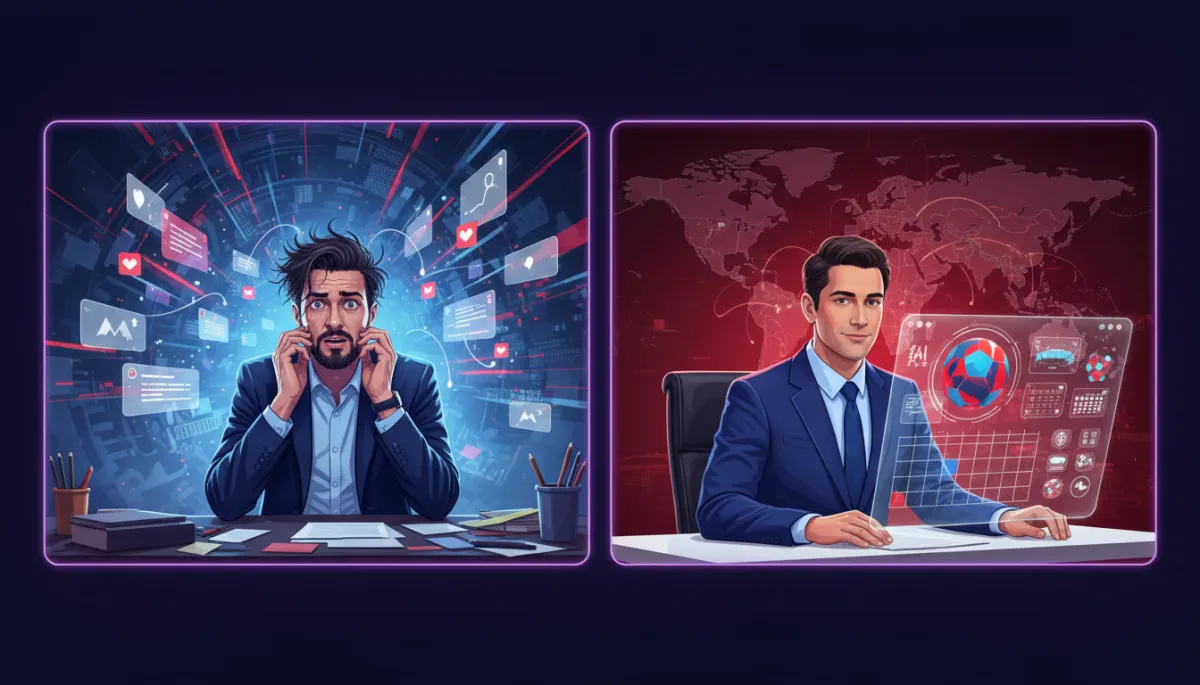 Contrast between overwhelmed marketer and calm AI-assisted business owner
