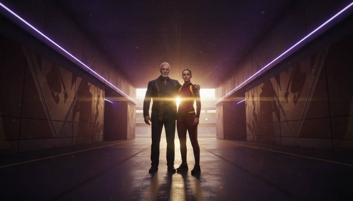 Mentor and student standing in a stadium tunnel, light ahead symbolizing guidance