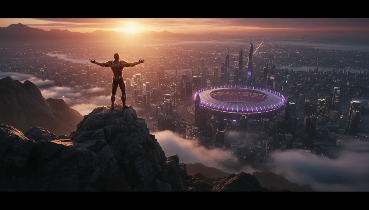Triumphant hero with arms wide overlooking a vast city and stadium at sunrise