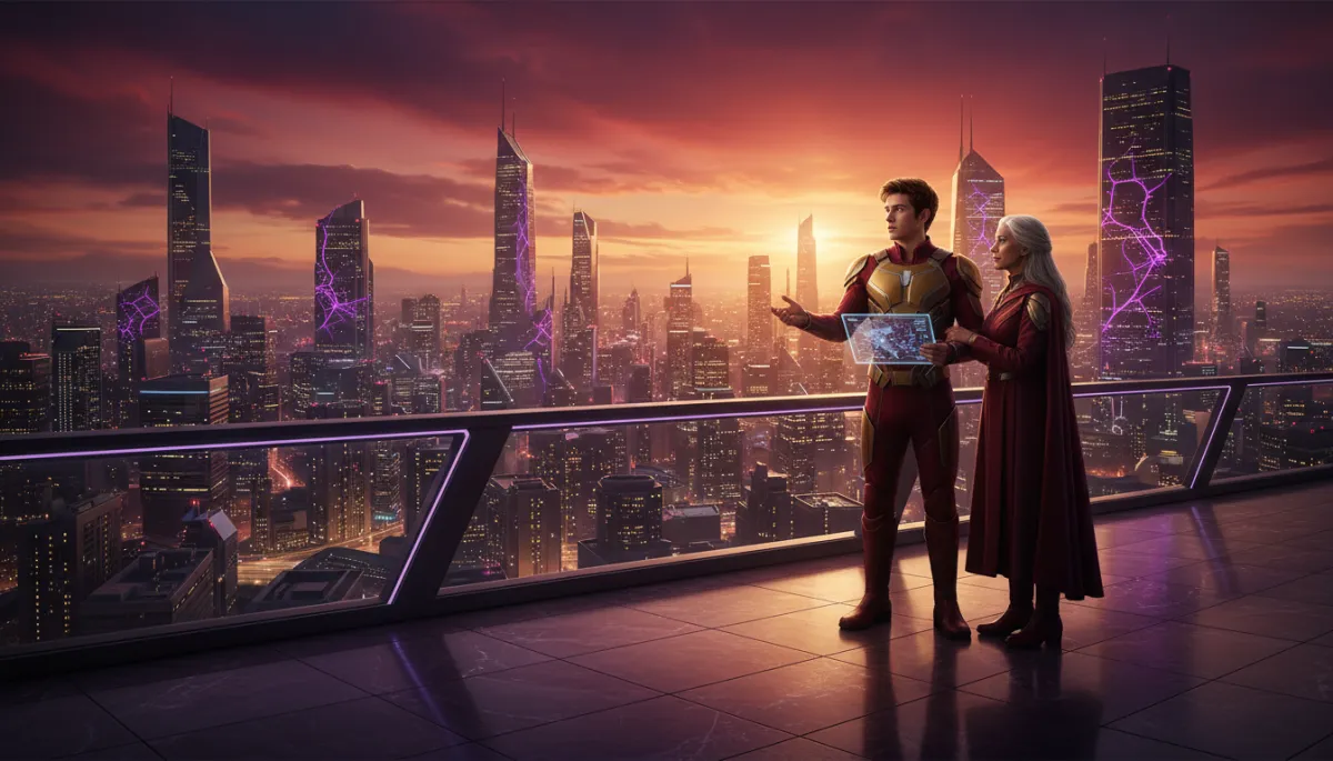 Hero and mentor overlooking a glowing city at dusk, planning the next move