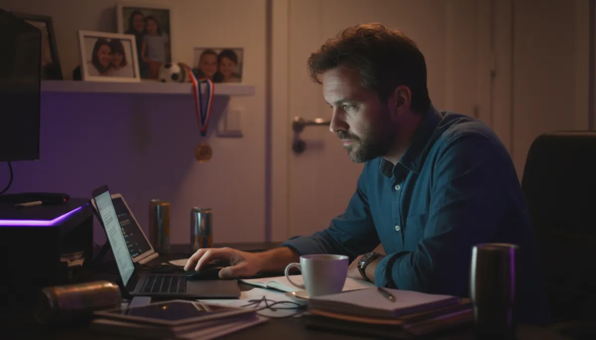 Late-night entrepreneur working at a desk with family photos in the background