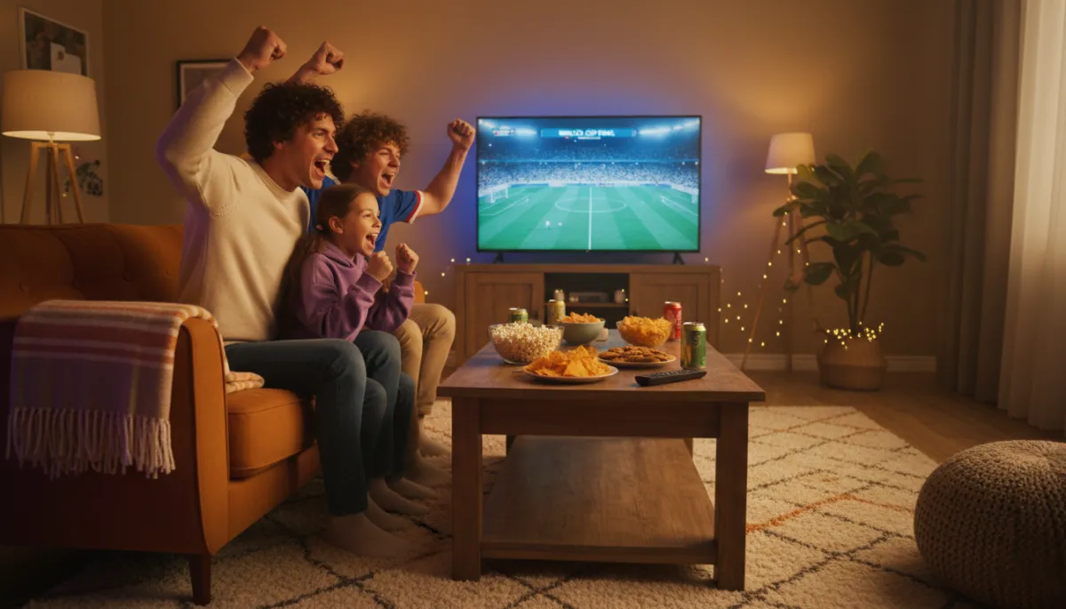 Family celebrating together while watching the World Cup final on TV