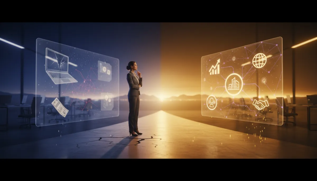 Entrepreneur looking toward a bright AI-powered business future with a vision board