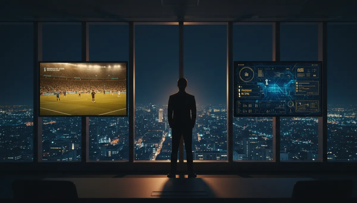 Person overlooking city at night balancing World Cup replay and AI income dashboards
