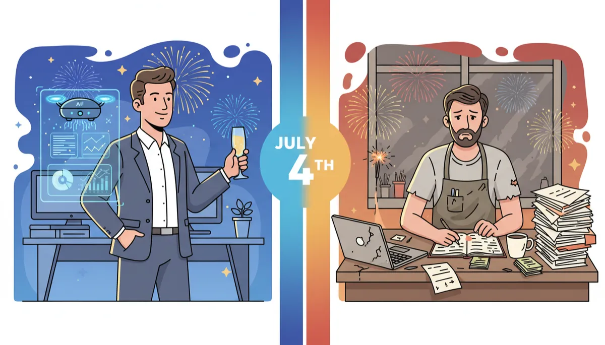 Two July 4ths: AI-powered entrepreneur vs struggling business owner split contrast
