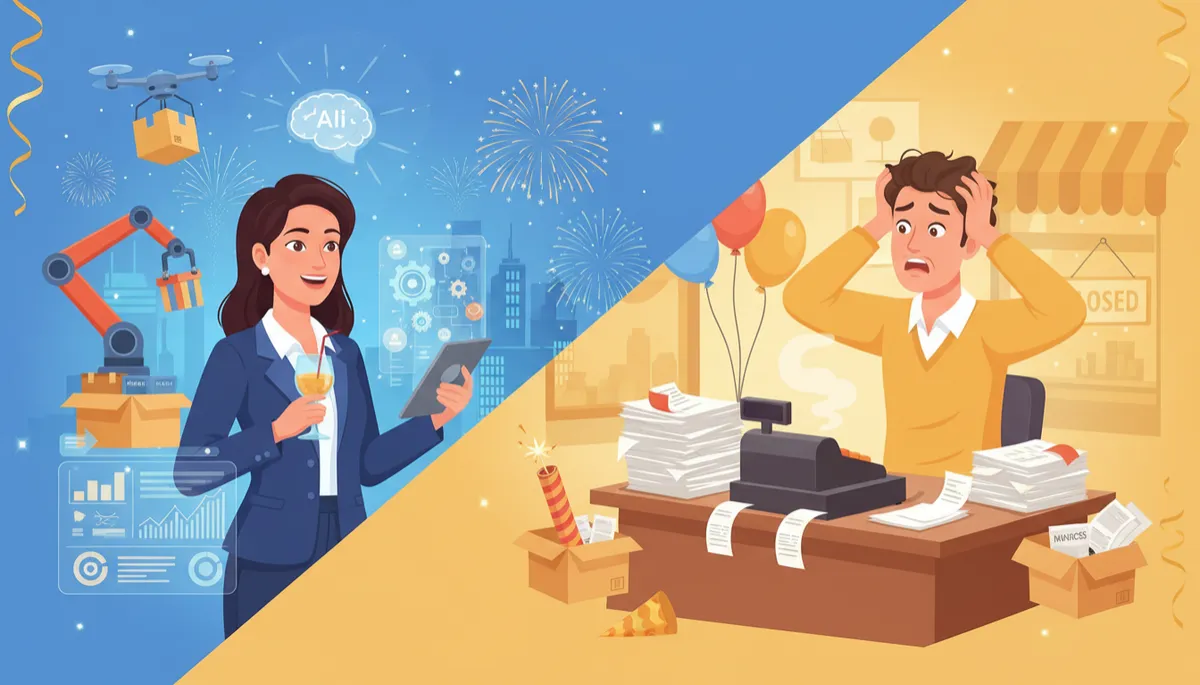 Two July 4ths: AI-powered entrepreneur vs struggling business owner split contrast