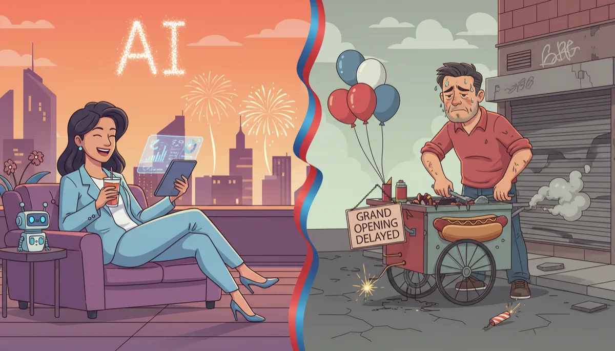 Two July 4ths: AI-powered entrepreneur vs struggling business owner split contrast