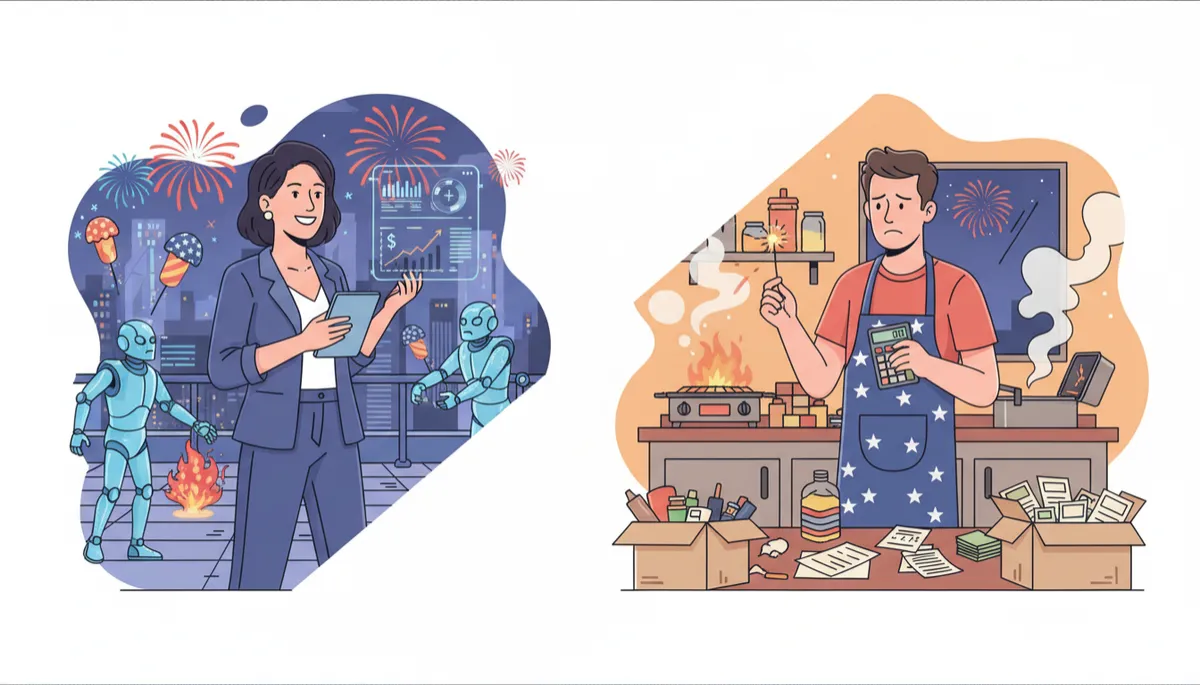 Two July 4ths: AI-powered entrepreneur vs struggling business owner split contrast