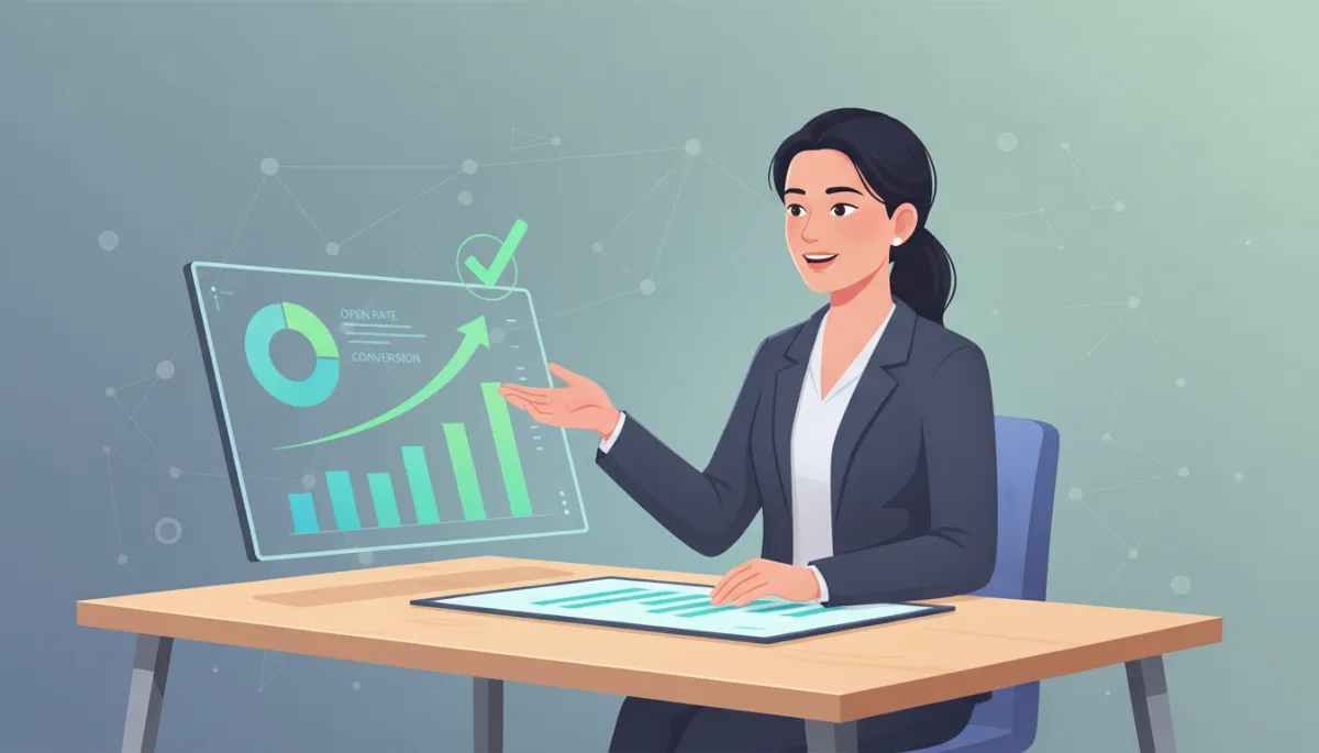 Real estate agent at modern desk with AI email campaign analytics showing strong results