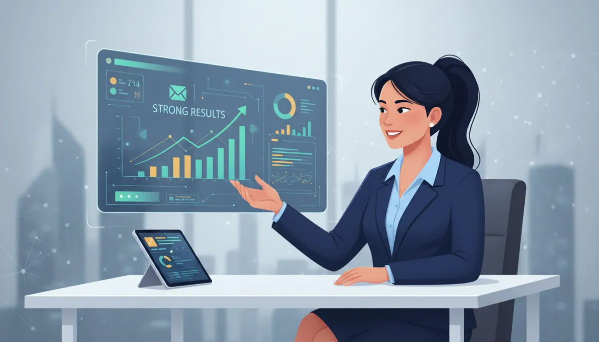 Real estate agent at modern desk with AI email campaign analytics showing strong results