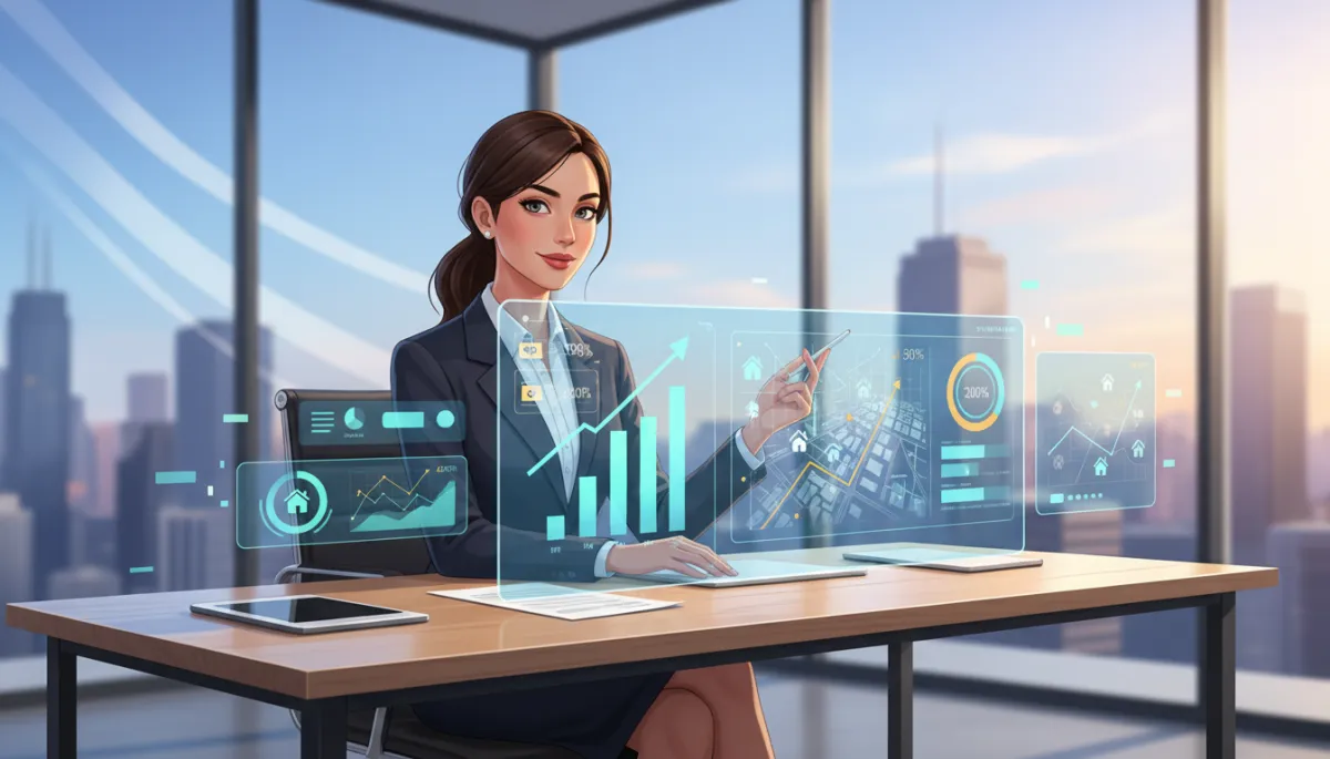 Real estate agent at modern desk with AI email campaign analytics showing strong results