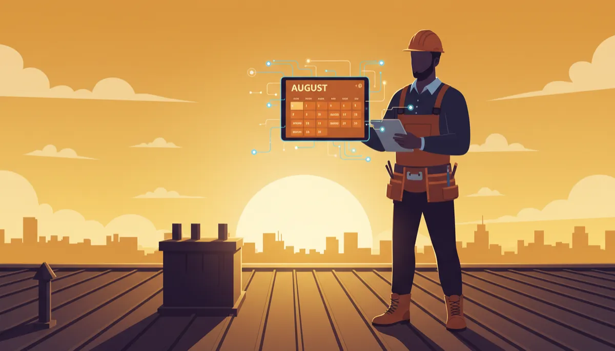 Contractor on rooftop with AI booking dashboard showing August fully booked at golden sunset