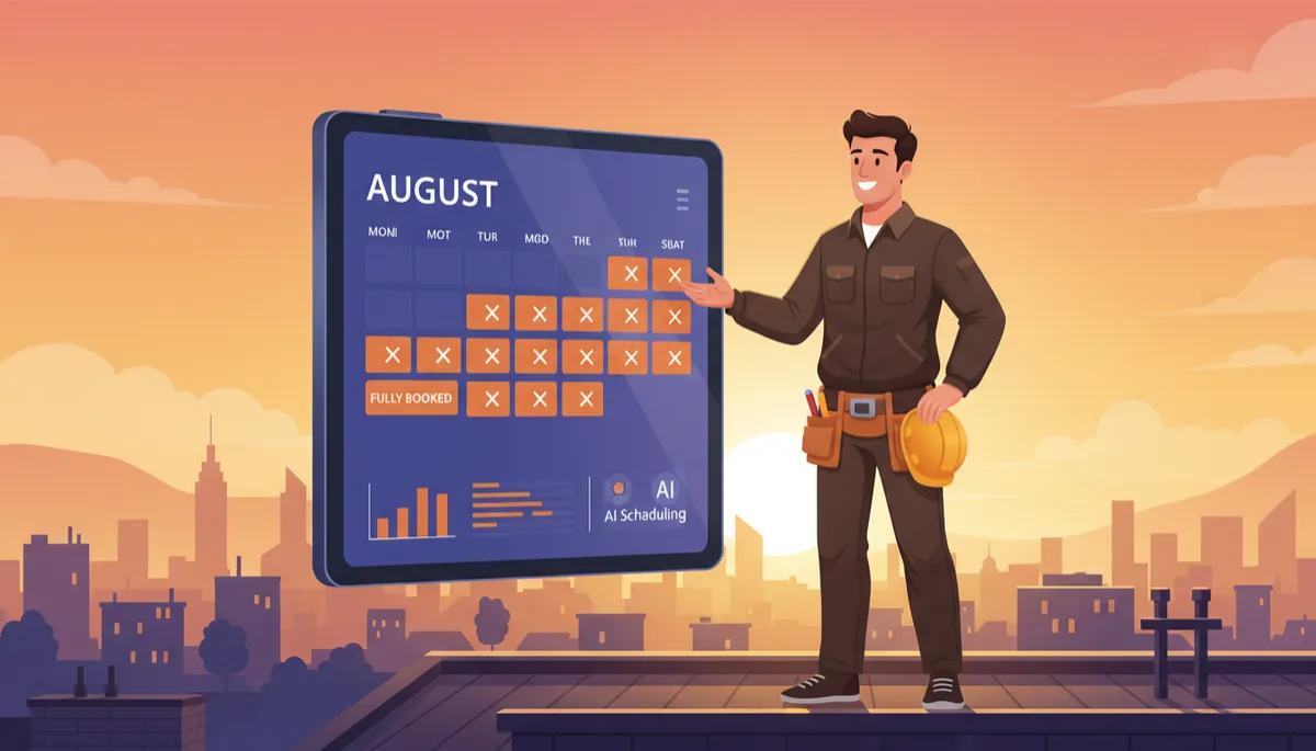 Contractor on rooftop with AI booking dashboard showing August fully booked at golden sunset