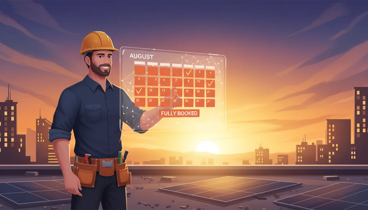 Contractor on rooftop with AI booking dashboard showing August fully booked at golden sunset