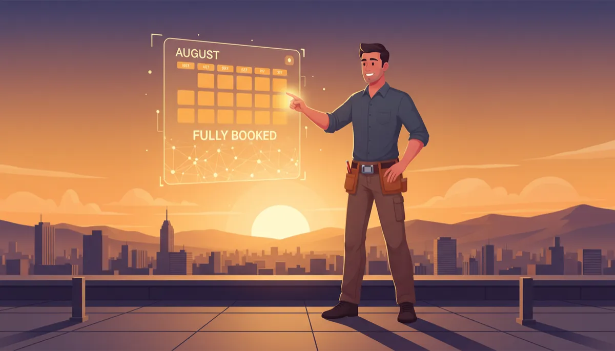 Contractor on rooftop with AI booking dashboard showing August fully booked at golden sunset