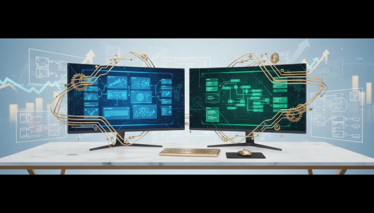 Modern workspace with AI-powered app wireframes and blueprints representing a no code AI app builder for sports betting and money-making apps