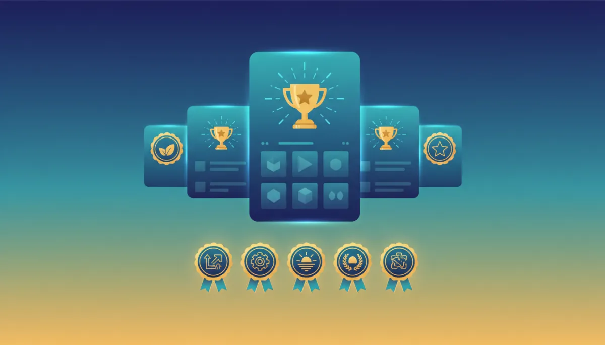 Glowing desktop dashboard with app cards, trophy icons, and digital achievement badges in gold, blue, and green tones
