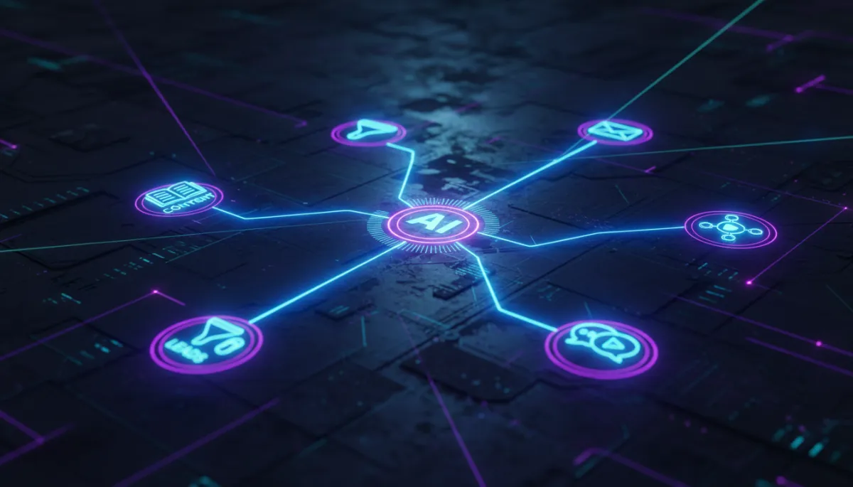 Futuristic AI roadmap visual showing a connected strategy for business growth