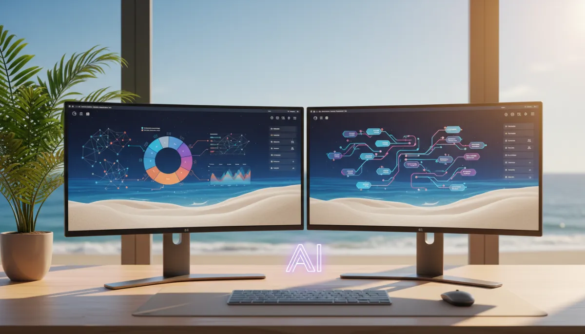 Photorealistic modern Florida desk with dual monitors displaying colorful abstract analytics charts and AI automation workflows, bathed in warm sunlight with a small palm plant