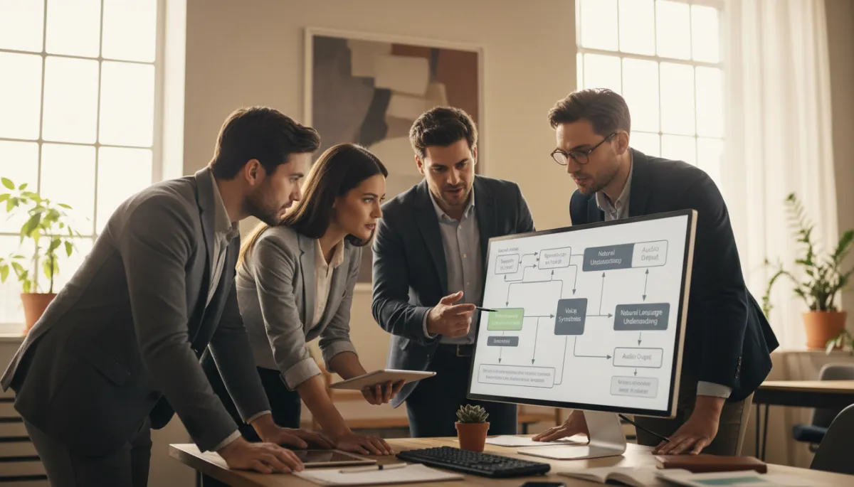 Small business team planning AI voice workflows around a computer
