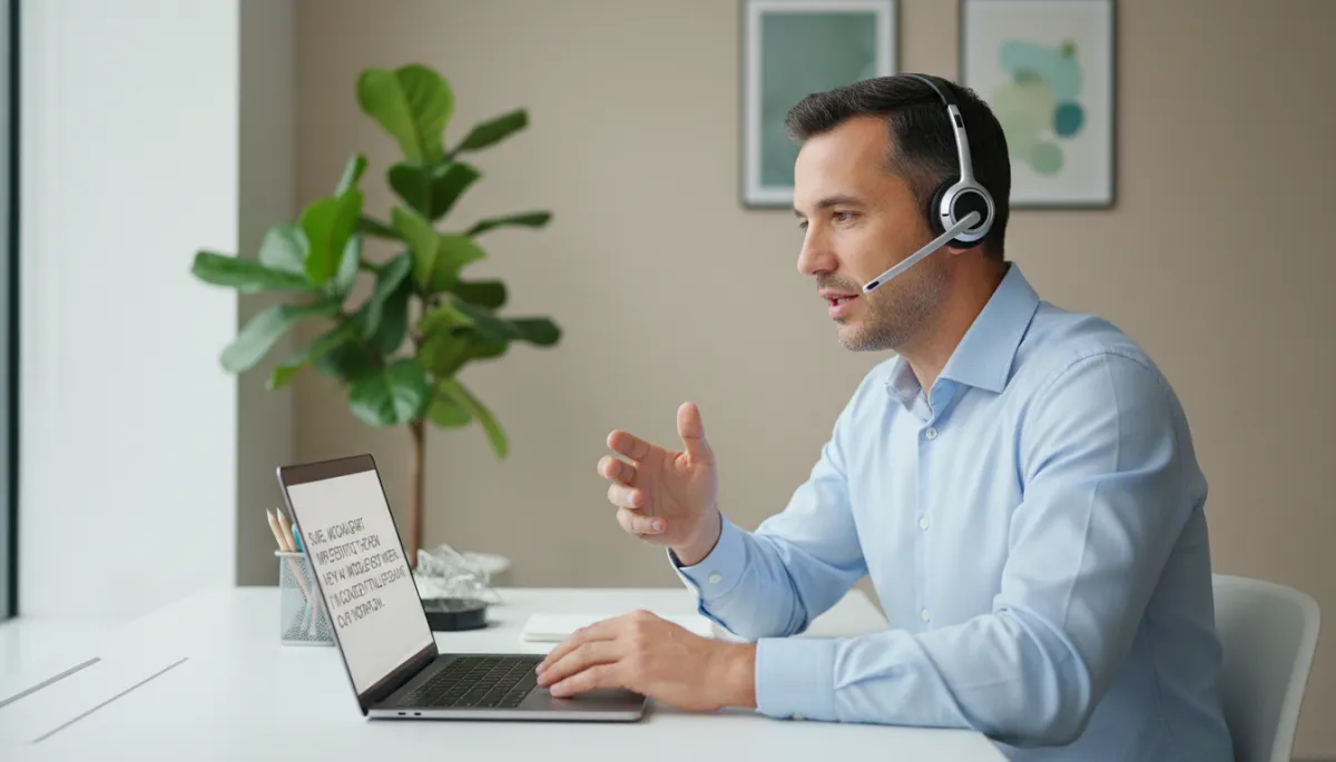 Entrepreneur using AI voice assistant with live call transcript on laptop