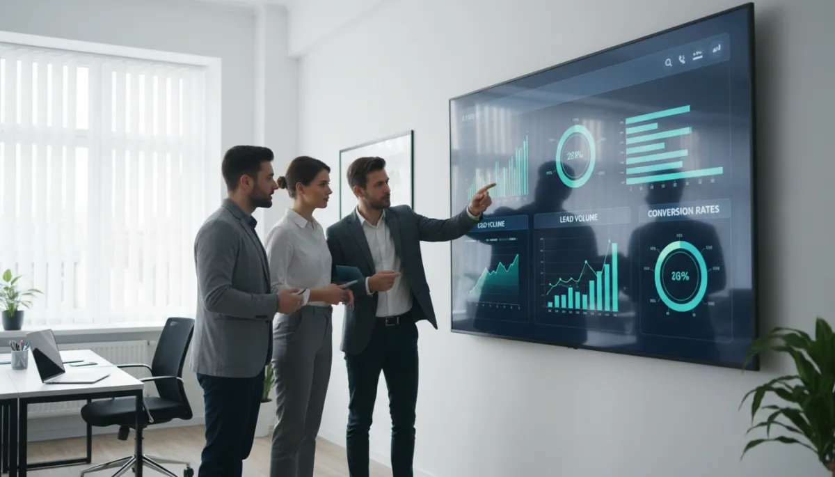 Sales team analyzing AI-powered lead generation metrics on a large office screen