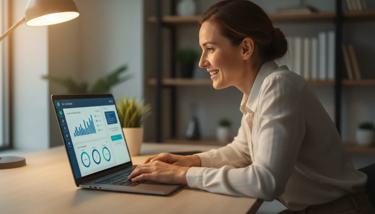 Business owner using AI chatbot to qualify website leads on a laptop