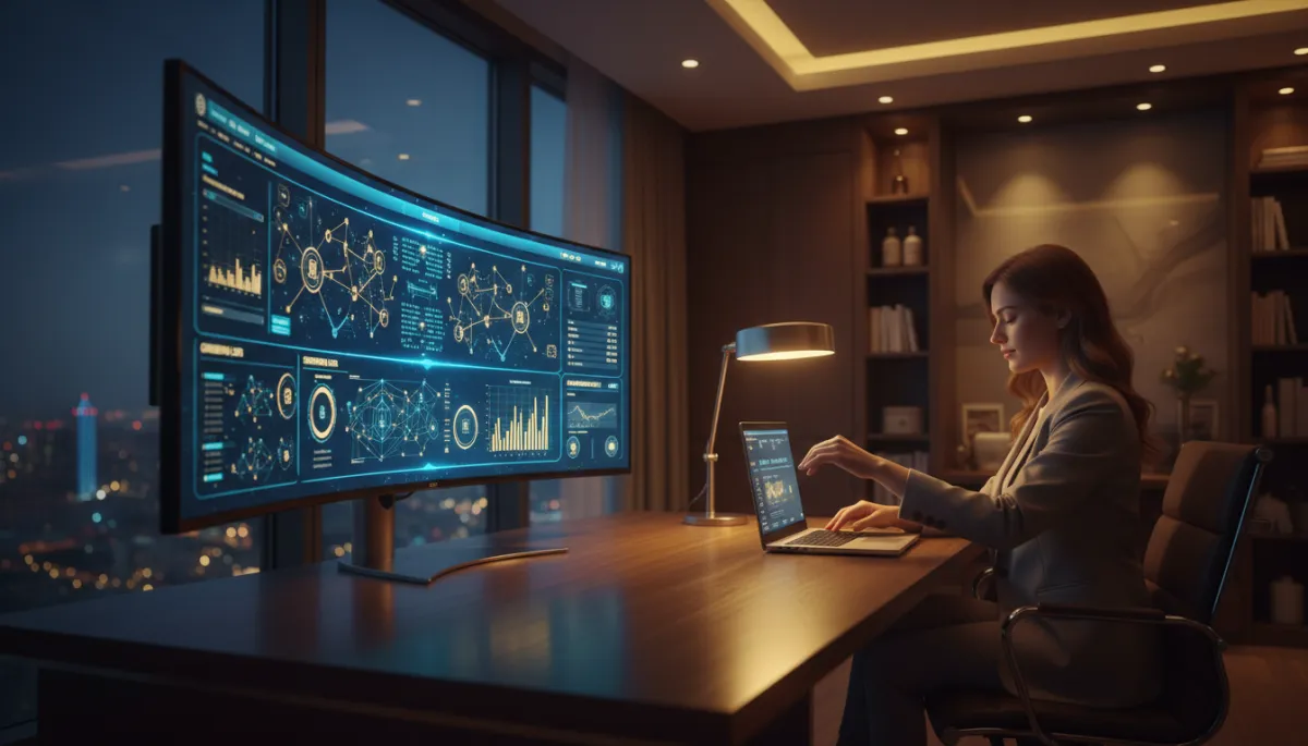 Entrepreneur finishing work while AI lead system continues running on a monitor