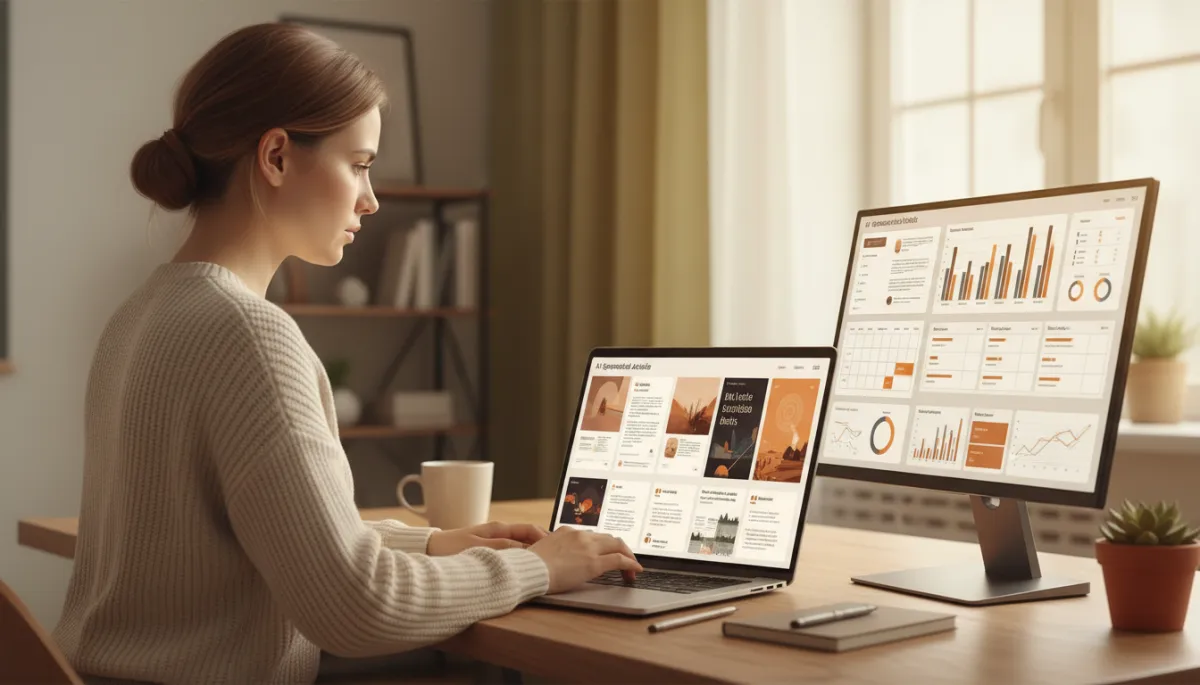 Entrepreneur reviewing AI-generated content beside analytics dashboard
